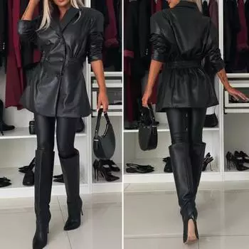 Женское пальто Yousheng, эластичная тонкая талия, гладкая поверхность, искусственная кожа, отложной воротник, куртка средней длины, однотонная двубортная верхняя одежда S чёрный