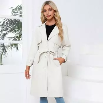 Женское пальто Yousheng осень-зима из искусственной кожи средней длины, однотонное, со шнуровкой, поясом на талии, на пуговицах, с отложным воротником, ветрозащитная куртка для шопинга на открытом воздухе M чёрный