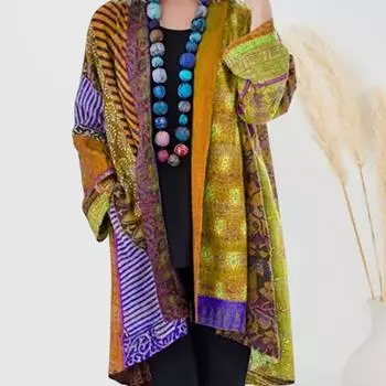 Женское пальто Yousheng с карманами, цветной принтованный кардиган с длинными рукавами, в стиле ретро и этническом стиле, средняя длина, свободная куртка на весну и осень 3XL синий