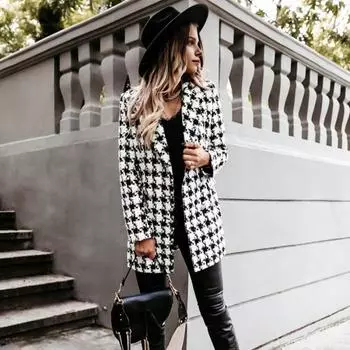 Женское пальто Yousheng Winter Autumn с отложным воротником и клетчатым принтом, двубортное, с длинными рукавами, плотная куртка средней длины для свиданий и поездок на работу в офис XL чёрный