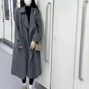 Женское пальто, зима 2024, новые утепленные однотонные нежные пальто для женщин, американские винтажные куртки с отложным воротником, однотонные повседневные пальто S серый