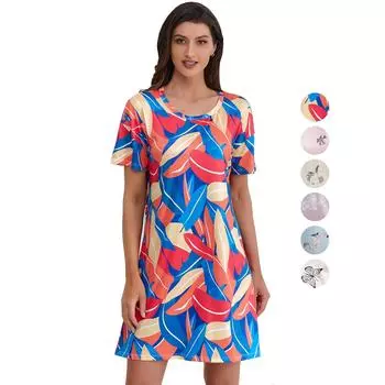 Женское пижамное платье, трикотажные ночные рубашки из полиэстера с короткими рукавами и цветочным принтом, летние свободные рубашки для сна, домашняя повседневная одежда для сна и отдыха S красный