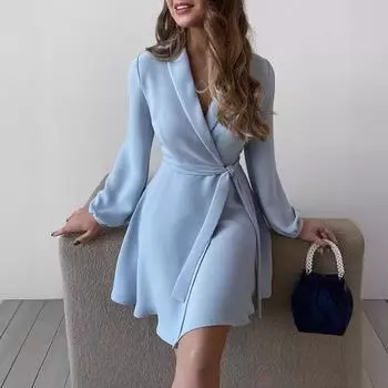 Женское платье 2025 года с цветочным принтом, длинными рукавами, шнуровкой на талии и лацканами, весна-осень S чёрный