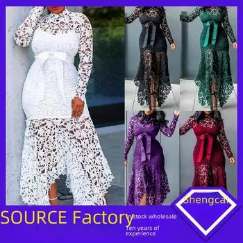 Женское платье 2025 года в европейском и американском стиле с кружевом, воротником-стойкой, длинными рукавами - 5 цветов, нестандартный дизайн 4XL белый