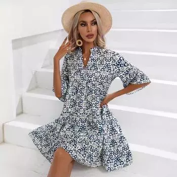 Женское платье 2025 Лето Свободный V-образный вырез Повседневная короткая юбка Женская одежда S