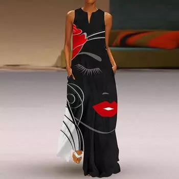 Женское платье А-силуэта Макси, длинные рукава, без рукавов, огненно-красный с принтом губ, осень/зима, v-образный вырез, элегантный стиль в стиле ретро XS красный