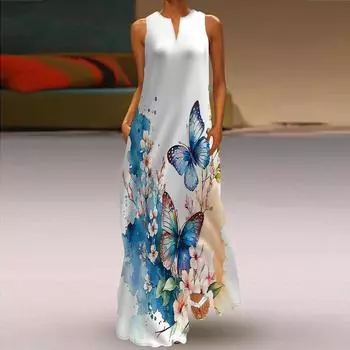 Женское платье А-силуэта макси с длинными рукавами без рукавов с принтом персикового цвета и бабочки осень/зима с v-образным вырезом, элегантный стиль в стиле ретро XS светло-синий