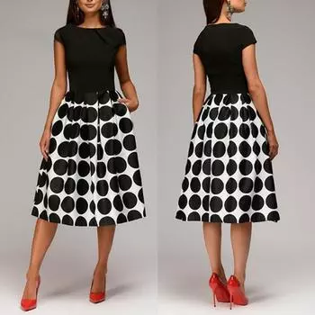 Женское платье А-силуэта с коротким рукавом, в горошек, с круглым вырезом, свободное платье миди S красный