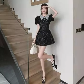 Женское платье А-силуэта с пуговицами из стразов и ярким шелковым лацканом Medium чёрный