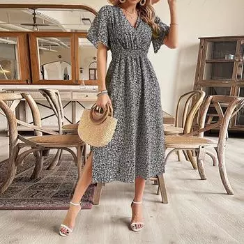 Женское платье А-силуэта с V-образным вырезом и высокой талией с цветочным принтом L чёрный