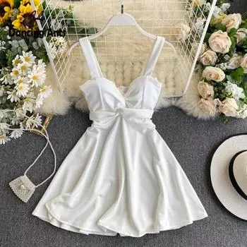 Женское платье А-силуэта с v-образным вырезом, сексуальное платье без рукавов с открытой спиной и завязками на груди, тренд 2020, тонкие платья для ночного клуба M&China чёрный