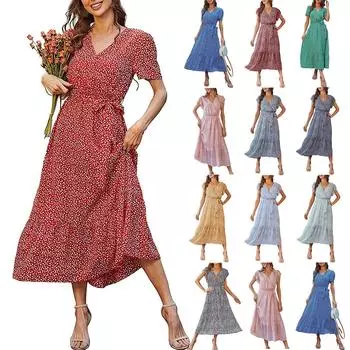 Женское платье А-силуэта с V-образным вырезом, коротким рукавом, поясом, плиссированным подолом и цветочной длинной юбкой L чёрный