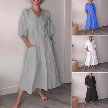 Женское платье А-силуэта с V-образным вырезом, однотонное плиссированное платье с рукавами три четверти и карманами, летнее платье для повседневных свиданий, поездок на работу S серый