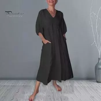 Женское платье А-силуэта с V-образным вырезом, однотонное плиссированное платье с рукавами три четверти и карманами, летнее платье для повседневных свиданий, поездок на работу S оранжевый