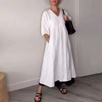 Женское платье А-силуэта с V-образным вырезом, однотонное плиссированное платье с рукавами три четверти и карманами, летнее платье для повседневных свиданий, поездок на работу S чёрный