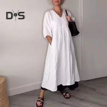 Женское платье А-силуэта с V-образным вырезом, однотонное плиссированное платье с рукавами три четверти и карманами, летнее платье для повседневных свиданий, поездок на работу S белый