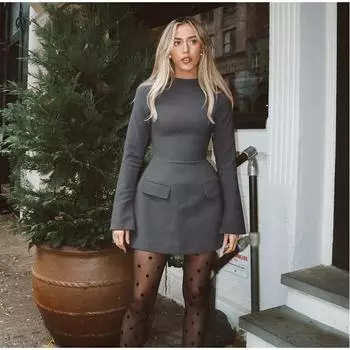 Женское платье А-силуэта, сексуальное, облегающее, с однотонными карманами, высокой талией, круглым вырезом, длинным рукавом, рабочее платье, сращивающееся, с высокой талией, мини-платье на осень S серый