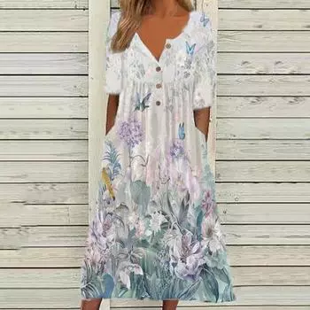 Женское платье А-силуэта со свободным подолом, плиссированным круглым вырезом, полупуговицей, коротким рукавом, свободными боковыми карманами S светло-фиолетовый