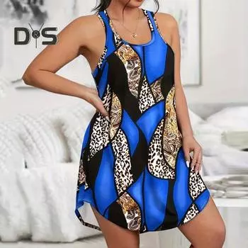 Женское платье А-силуэта со свободным подолом, без рукавов, цветные блоки, большой размер, круглый вырез, длина выше колена, мини-платье, домашняя ночная рубашка XL синий