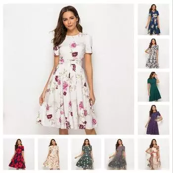 Женское платье А-силуэта в стиле ретро, маленькое платье с короткими рукавами и круглым вырезом с цветочным принтом S белый
