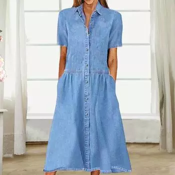 Женское платье, элегантное красивое женское платье с воротником, летнее миди, длинное женское платье с карманами и пуговицами, джинсовое свободное платье с лацканами XL светло-синий