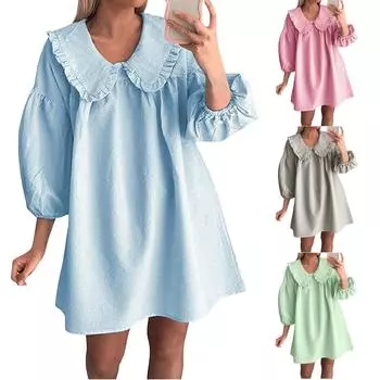 Женское платье-бэбидолл с рукавами-фонариками 3/4, клетчатое платье с отворотом и воротником-куколкой, свободное платье L светло-серый