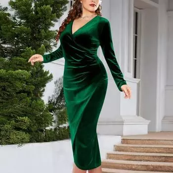Женское платье Бархатное платье с глубоким v-образным вырезом и длинными рукавами больших размеров с крестообразными складками Сексуальное платье Slim Fit Коктейльная вечеринка 3XL чёрный