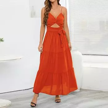 Женское платье без бретелек на подтяжках, летнее однотонное платье большого размера оранжевый