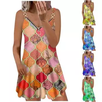Женское платье без бретелек с принтом и V-образным вырезом, без рукавов, сексуальное платье на молнии XXL разноцветный