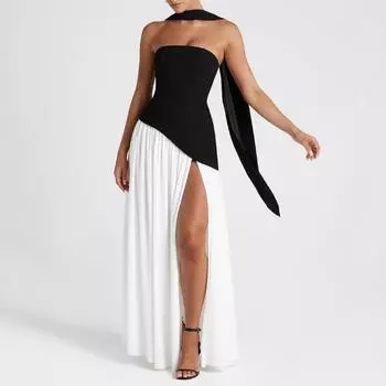 Женское платье без бретелек в уличном стиле с открытыми плечами в европейском и американском стиле весна/лето с цветными блоками XS чёрный