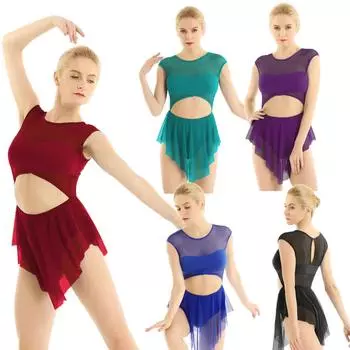 Женское платье без рукавов для взрослых, асимметричное сетчатое лирическое современное танцевальное платье, гимнастическое балетное танцевальное платье XS бордовый