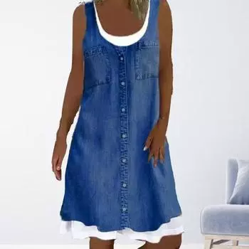 Женское платье без рукавов из двух частей, летнее повседневное платье с круглым вырезом, джинсовый принт, свободное мини-платье А-силуэта S темно-синий