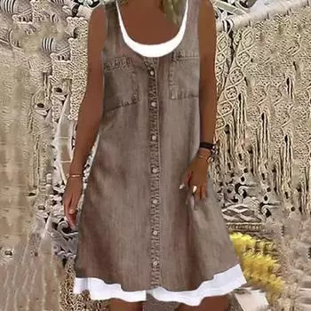 Женское платье без рукавов из двух частей, летнее повседневное платье с круглым вырезом, джинсовый принт, свободное мини-платье А-силуэта S коричневый
