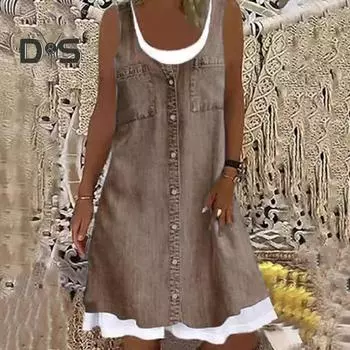Женское платье без рукавов из двух частей, летнее повседневное платье с круглым вырезом, джинсовый принт, свободное мини-платье А-силуэта S серый