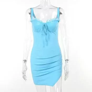 Женское платье без рукавов, летнее мини-платье с кружевной отделкой и рюшами и разрезом для коктейльного пляжа S чёрный