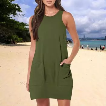 Женское платье без рукавов, летнее повседневное мини-платье с карманами, свободное пляжное платье с круглым вырезом для отдыха M хаки