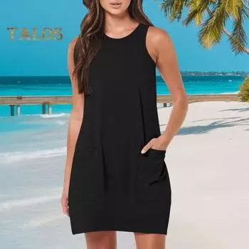 Женское платье без рукавов, летнее повседневное мини-платье с карманами, свободное пляжное платье с круглым вырезом для отдыха L розы красного