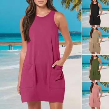 Женское платье без рукавов, летнее повседневное мини-платье с карманами, свободное пляжное платье с круглым вырезом для отдыха M розы красного