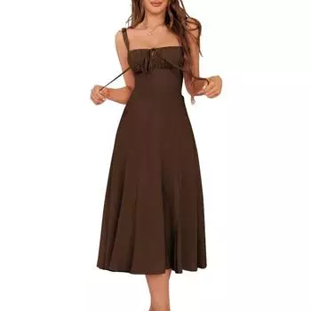 Женское платье без рукавов на бретелях-спагетти, с квадратным вырезом, миди-платье, шнуровка, расклешенное длинное платье, летящее А-силуэта, с разрезом, сарафан S кофейный