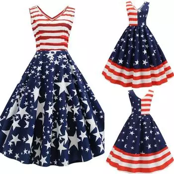 Женское платье без рукавов на День независимости с черной лентой и сборкой на талии с большим подолом M синий