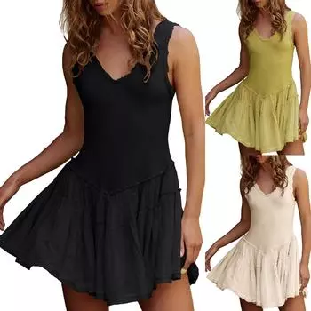 Женское платье без рукавов Повседневное платье в стиле бохо с оборками Многоуровневое платье Юбки с высокой талией Платья для гольфа и тенниса M армия зеленый