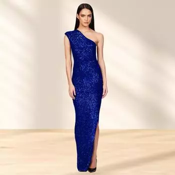 Женское платье без рукавов Pure Style на одно плечо с пайетками и высоким разрезом Платье S чёрный