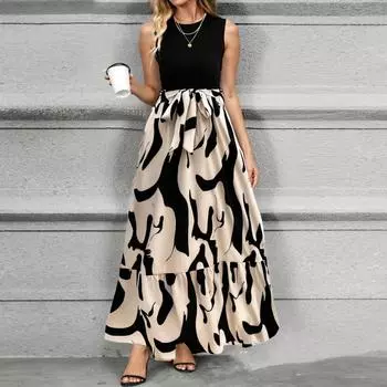 Женское платье без рукавов с цветочным принтом и высокой талией, модное и элегантное L чёрный