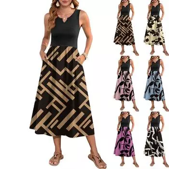 Женское платье без рукавов с цветочным принтом и высокой талией, модное и элегантное L чёрный