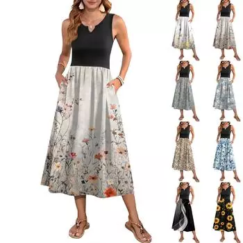 Женское платье без рукавов с цветочным принтом и высокой талией, модное и элегантное L чёрный