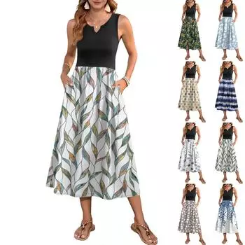 Женское платье без рукавов с цветочным принтом и высокой талией, модное и элегантное L синий