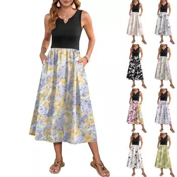 Женское платье без рукавов с цветочным принтом и высокой талией, модное и элегантное L армия зеленый