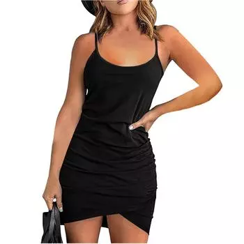 Женское платье без рукавов с глубоким вырезом, облегающее, темпераментное, сексуальное, однотонное, плиссированное платье L чёрный