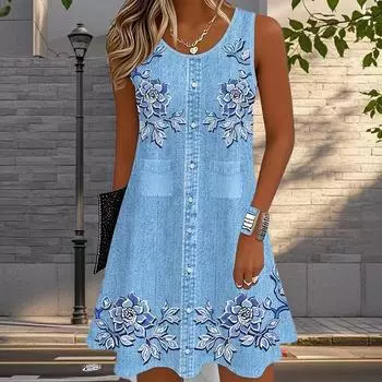 Женское платье без рукавов с круглым вырезом и принтом ковбоя, свободное, мягкое и удобное, большого размера XS синий