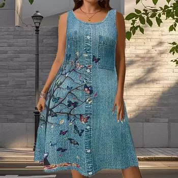 Женское платье без рукавов с круглым вырезом и принтом ковбоя, свободное, мягкое и удобное, большого размера XS синий